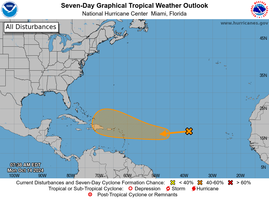 NHC_Atlantic's tweet image. Mon 10/14 8am EDT: #AL94 has a chance of developing into a tropical depression as it approaches, or moves near the northern #LeewardIslands late this week.