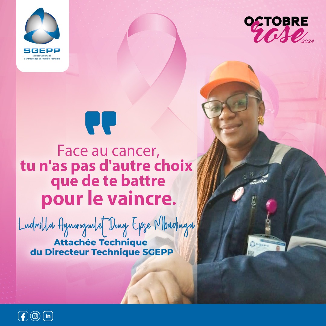 SGEPP_GABON's tweet photo. [Octobre_Rose] 

"Tu n'as pas d'autres choix que de te battre pour le cancer." 
Ludmilla Agnorogoulet Dong epse Mbadinga, Attachée Technique du Directeur Technique SGEPP

#SGEPP #OctobreRose2024  #Gabon #Libreville #OctobreRose2024  #Gabon #Libreville #stopcancersféminins https://t.co/VZibosOt6O