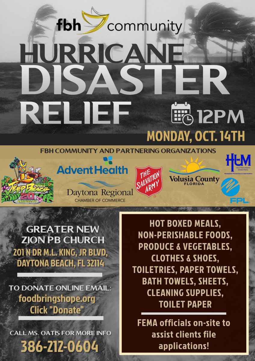 Our #VCSPARTNERSINBUSINESS are hosting a relief effort today. Please share for those in need. 
<a href="/AdventHealth/">AdventHealth</a> 
<a href="/JeepBeach/">Jeep Beach</a> 
<a href="/FoodBringsHope1/">Food Brings Hope</a> 
<a href="/DaytonaChamber/">DaytonaChamber</a>