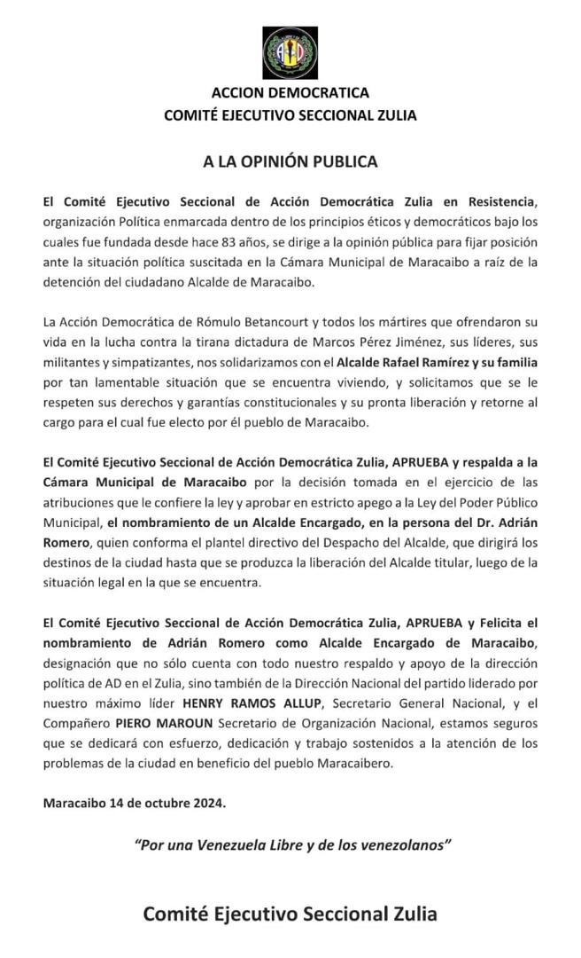 ADZulia_Oficial's tweet photo. COMUNICADO AD ZULIA.

-Maracaibo 14 de Octubre 2024.

@JuanCVelazcoQ @hramosallup @PieroMaroun @ADemocratica @edgarzambranoad @EdmundoGU @unidadvenezuela @williamsdavila @nelsonguillen64 @luismatheusad @ADOrganizacion_ https://t.co/ZTJtJb4uMZ
