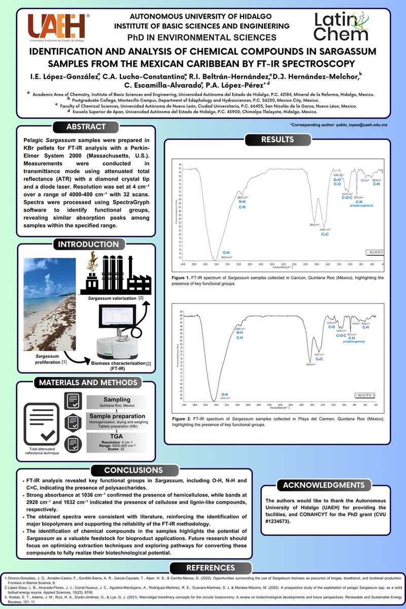 Hi <a href="/LatinXChem/">LatinXChem</a>, presenting my work "Identification and Analysis of Chemical Compounds in Sargassum Samples from the Mexican Caribbean by FT-IR Spectroscopy” at #LatinXChem24 #LatinXChemEnv #Env085