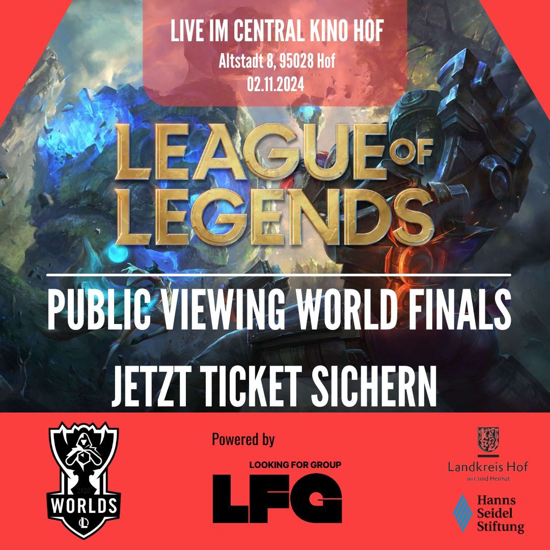 🔥🎮 Public Viewing Alert! 🎮🔥

Endlich ist es soweit! Der Ticketverkauf für das Public Viewing ist jetzt ONLINE! 🎟️✨

📅 Datum: 02.11.2024 ⏰ Einlass: 13:00 Uhr | Beginn: 14:00 Uhr 📍 Ort: Central Kino Hof
👉 buff.ly/403CB6p 

#LFGEvents #LeagueOfLegends #WorldFinals