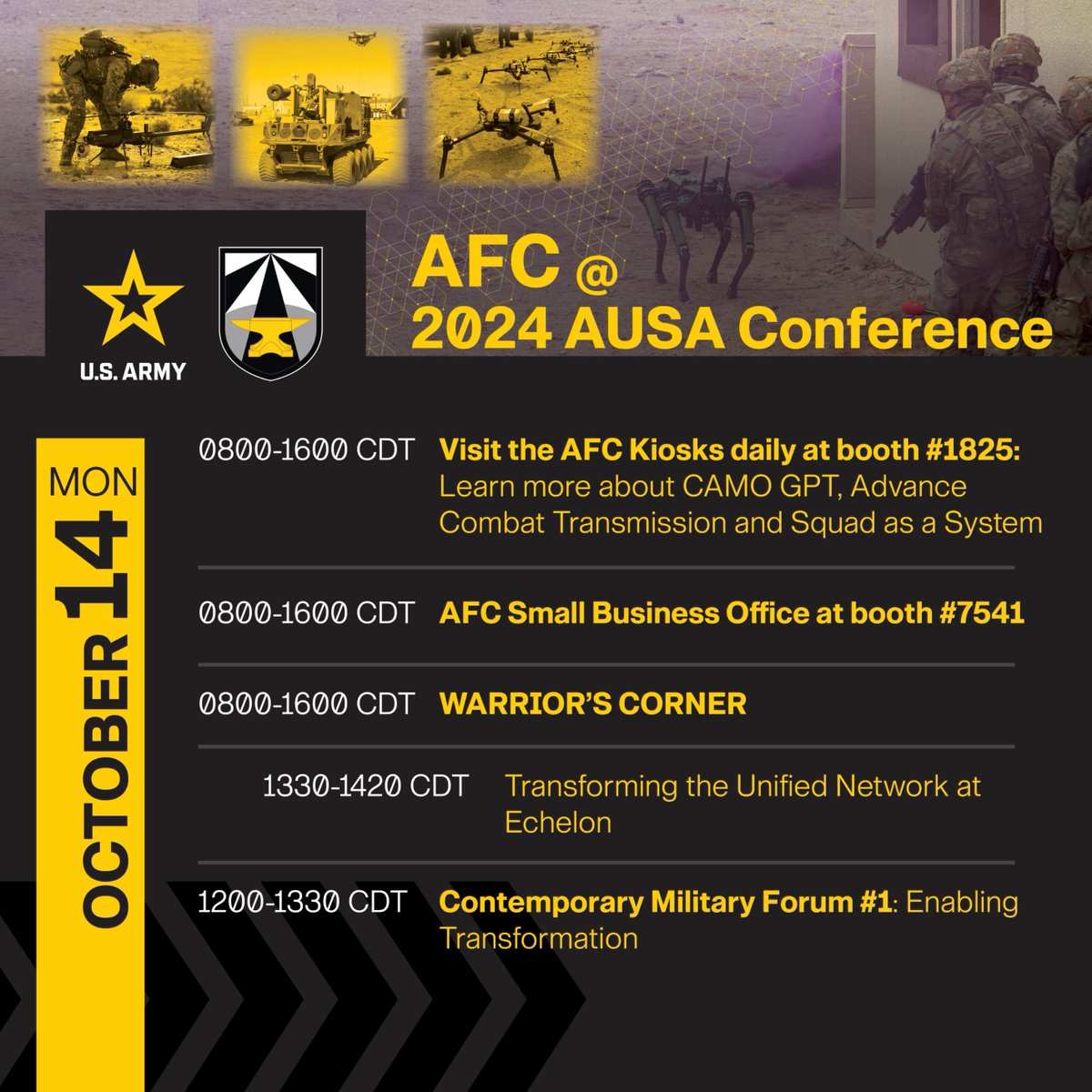 Join us for the first day of #AUSA2024, visit the Army Futures Command kiosks and learn more about CamoGPT, Advance Combat Transmission and Squad as a System, subject-matter experts will be at the booth all week.