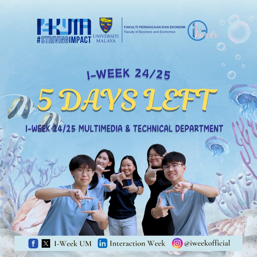 iweekofficial's tweet photo. 🏄‍♂️ 𝘼𝙝𝙤𝙮 𝙁𝙧𝙚𝙨𝙝𝙞𝙚𝙨! 🏄‍♀️  
5 Days Until I-Week 24/25 – Are You Ready?

The countdown is on for an exciting weekend of fun, new friends, and endless opportunities!

🗓️ 19 &amp; 20 October 2024  
📍 Faculty of Business and Economics, UM  

#IWEEK2425 #5DaysLeft #JoinTheFun https://t.co/XO4jVOYrhF