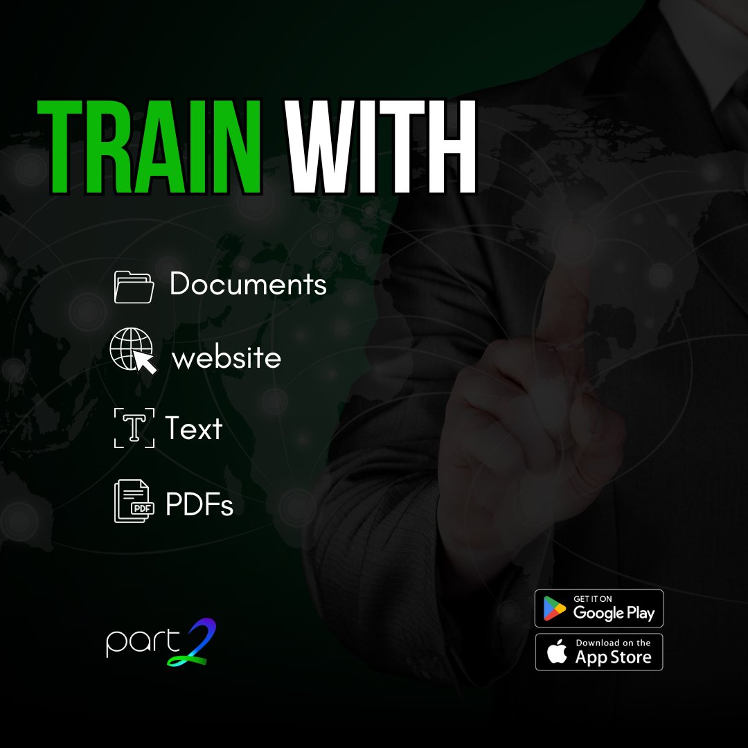 part2chat's tweet image. Empower your AI experience by training your bots with specific information, files, or websites. Make every interaction more personalized.

Download App Now -&amp;gt; tinyurl.com/ms5pd8ae
Free for a Limited Time!

#Part2AI
#PersonalizedAssistance 
#iphoneapp #iphone15 #iphone