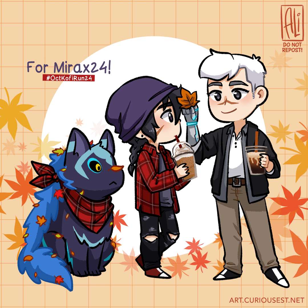 ☕️ #OctKofiRun24 Day 8 for <a href="/mirax24/">Mirax24</a> 🍂
a lil happy family taking a stroll during pumpkin spice season 🖤❤️🐾#sheith