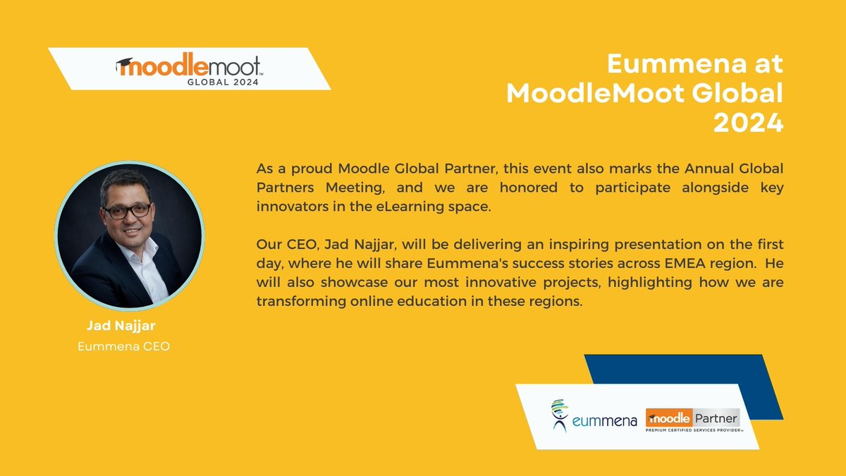 At MoodleMoot Global 2024, our CEO, Jad Najjar, will talk about success stories with our customers,  showcasing our most innovative projects. Join us as we continue with other #Moodlers to transform online learning and training globally.
#EdTech #Moodle #Eummena #MootGlobal24