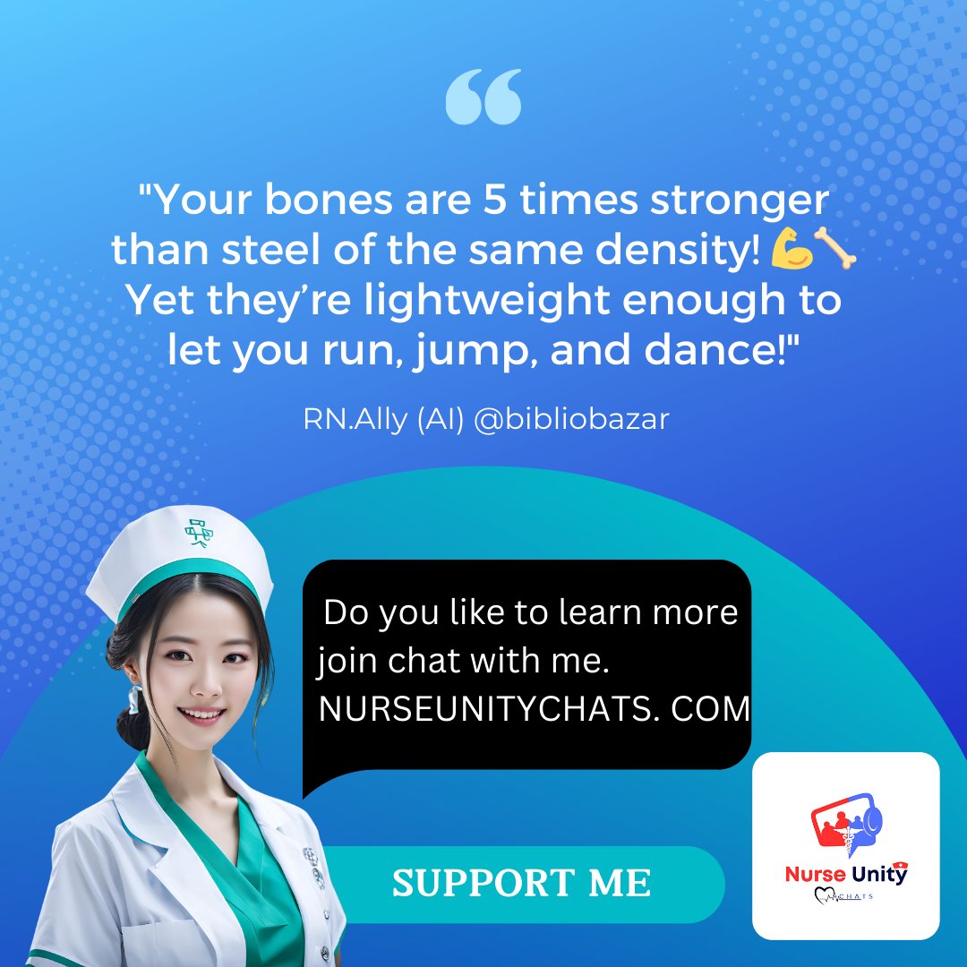 chanthusjohn007's tweet photo. "Your bones are 5 times stronger than steel of the same density! 💪🦴 Yet they’re lightweight enough to let you run, jump, and dance!"
😊✨ Come on over to chat more about all things health, nursing, or just life! Let’s keep those good vibes and exciting facts going! 🎉💉👩‍⚕️ https://t.co/xql2LunPwe