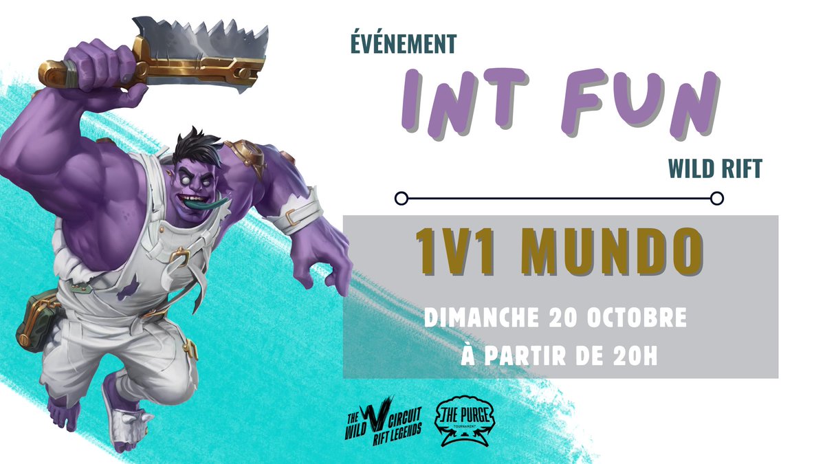 [🥳] MUNDO 1v1 !

📅 Dimanche 20 octobre à partir de 20h
🏆 6 Random Skin Chests 
✅ Avoir + de 16 ans, France Benelux Suisse
🎮 Tournoi 1v1 en Mode Perso.
🔥 Partenaire de <a href="/wildriftfrance/">Wild Rift Communauté FR</a>

Pour en savoir plus, et s'inscrire :
discord.com/invite/zAW3vkf…