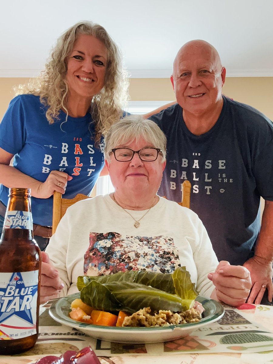 michelle_jesso's tweet photo. Happy Thanksgiving from us to you! Lovely visit with momma (78) - Blue Star is hubby’s, dinner is mine lol ! We remembered Dad there too “baseball is the best, end ALS” on our @RotoWear shirts 💕 #famjams #cheers #thankful #longweekend #turkeycoma https://t.co/InOwp2wfl1