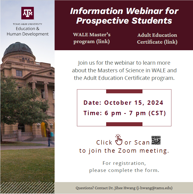 Join our information webinar for prospective students on 10/15/2024 from 6pm-7pm Zoom details below:
Click to join the Zoom meeting
tamu.zoom.us/j/97212093779#…