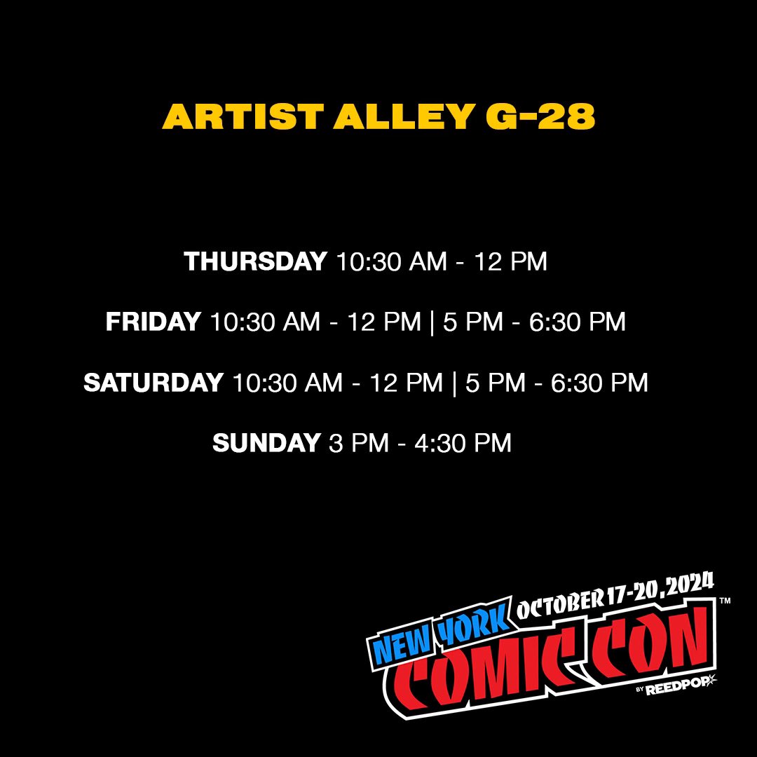 OK… So here’s my signing schedule for New York Comicon 2024. Also, pre-show sale ends today \|/🎃\|/
#NewYorkComicCon #AdamKubert

adamkubert.com/events