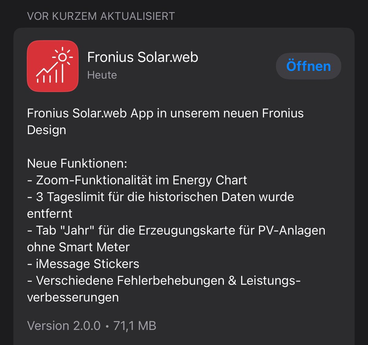 DaKoi_TM's tweet image. #Fronius #SolarWeb App ist nun neu in Version 2.0.0 erhältlich und ist endlich ohne dem 3-Tages Limit verwendbar. Die Datenanzeige (Grafik) ist wesentlich schneller.

Weitere Änderungen habe ich nicht festgestellt. 👍🏼☺️