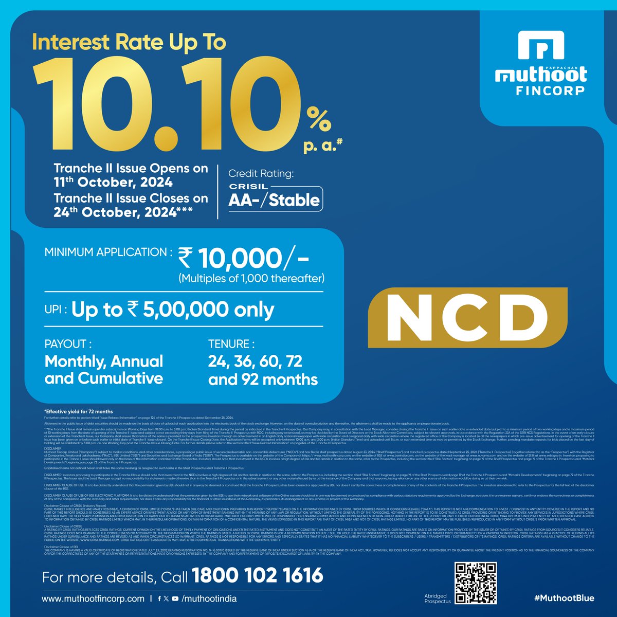 Exciting news, Investors! Muthoot FinCorp NCD, rated CRISIL AA-/Stable, is NOW OPEN for subscriptions until THURSDAY, OCTOBER 24, 2024.

Visit your nearest branch for secure fixed returns.

More info: muthootfincorp.com/ncds/ or apply online: muthootone.onelink.me/Jc4o/mfnc

#NCD