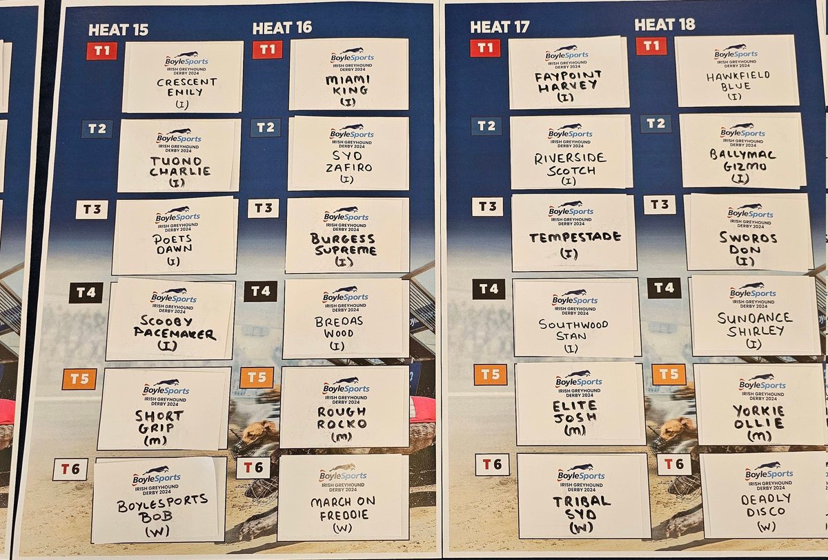 shelbournepark's tweet photo. The 2024 @BoyleSports Irish Greyhound Derby 1st Round Draw

Heats 15 to 26
14 to 26 will run Saturday 

#BoyleSportsIGD #GoGreyhoundRacing #ThisRunsDeep https://t.co/R6sJfFdSze