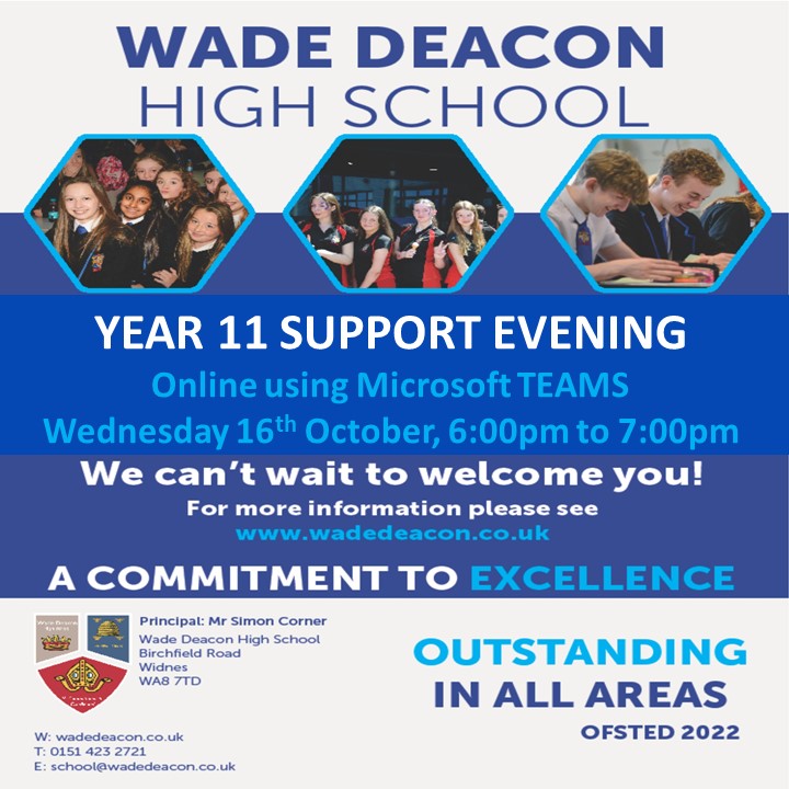 📢 Year 11 Parents!
Join us for a TEAMS session this Wednesday, 6-7pm! 💻
Reply to the Synergy broadcast to get the link and secure your spot. Let’s support your child's success together! 👏

#WadeDeaconHigh #Y11Parents #TEAMSEvent