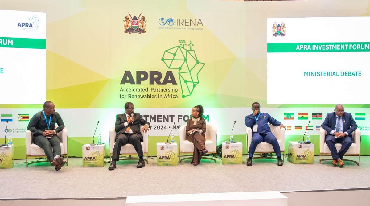 IRENA's tweet image. 🌍 The first panel at the #APRAfrica Investment Forum sparked dynamic discussions among ministers from APRA countries. 

They delved into national priorities and strategies, tackling real-life challenges their nations face in accelerating renewable energy deployment.