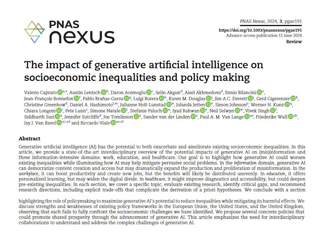 Valerio Capraro (@valeriocapraro) on Twitter photo Many people believe that AI advances will dramatically increase inequality.
In a paper with two Nobel laureates, Daron Acemoglu and Simon Johnson, plus 30 multidisciplinary experts, we argue that it’s more complex than a simple “rich-get-richer” story.
For example, we coined Many people believe that AI advances will dramatically increase inequality.
In a paper with two Nobel laureates, Daron Acemoglu and Simon Johnson, plus 30 multidisciplinary experts, we argue that it’s more complex than a simple “rich-get-richer” story.
For example, we coined