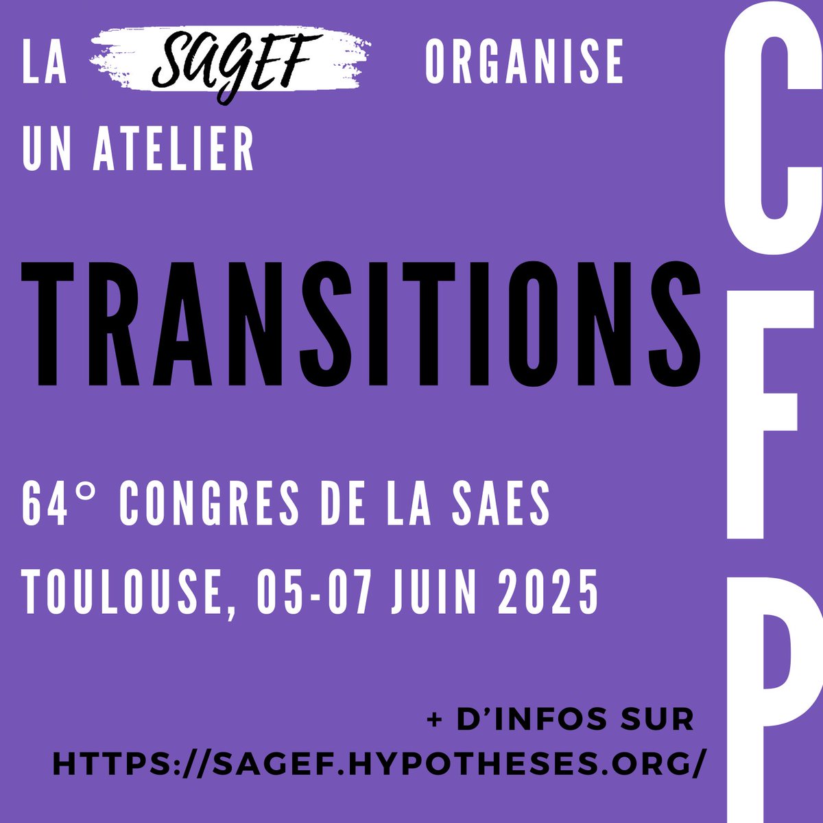 La SAGEF (@la_sagef) on Twitter photo La SAGEF organise un atelier sur le thème « Transitions » dans le cadre du 64ème congrès de la <a href="/SAES_FR/">Société des Anglicistes de l'Enseignement Sup.</a> à Toulouse, du 5 au 7 juin 2025. Retrouvez notre CFP sur notre site: sagef.hypotheses.org/actualites – <a href="/JulieAguFR/">Julie Agu (she/they)</a>, <a href="/TamaraBsc/">Tamara Boussac</a> & <a href="/Valerie_Favre/">Valérie Favre</a> ont hâte de lire vos propositions ! La SAGEF organise un atelier sur le thème « Transitions » dans le cadre du 64ème congrès de la <a href="/SAES_FR/">Société des Anglicistes de l'Enseignement Sup.</a> à Toulouse, du 5 au 7 juin 2025. Retrouvez notre CFP sur notre site: sagef.hypotheses.org/actualites – <a href="/JulieAguFR/">Julie Agu (she/they)</a>, <a href="/TamaraBsc/">Tamara Boussac</a> & <a href="/Valerie_Favre/">Valérie Favre</a> ont hâte de lire vos propositions !