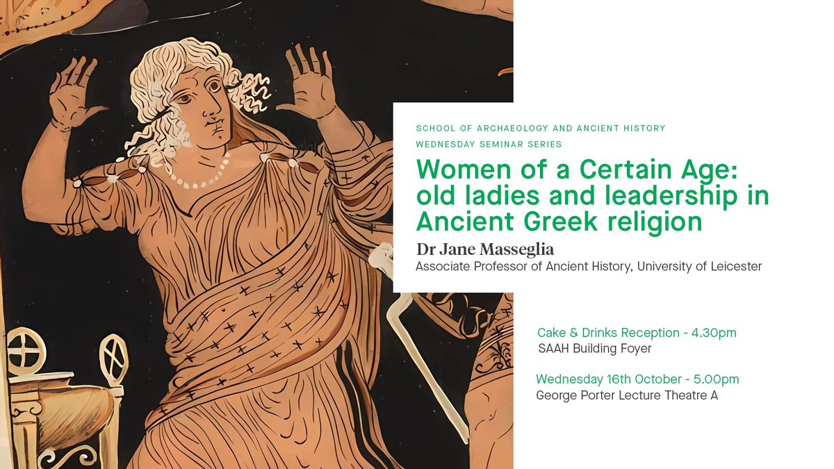 Emma Louise Thompson (@emlthom) on Twitter photo The next <a href="/ArchAncHistLeic/">School of Archaeology & Ancient History</a> Research Seminar is this Wednesday 16th (5-6pm) with Dr Jane Masseglia on 'Women of a Certain Age: old ladies and leadership in Ancient Greek religion'.
Email arch-wedseminar@le.ac.uk for a Teams link, or join us in person (cake in the SAAH foyer!) The next <a href="/ArchAncHistLeic/">School of Archaeology & Ancient History</a> Research Seminar is this Wednesday 16th (5-6pm) with Dr Jane Masseglia on 'Women of a Certain Age: old ladies and leadership in Ancient Greek religion'.
Email arch-wedseminar@le.ac.uk for a Teams link, or join us in person (cake in the SAAH foyer!)