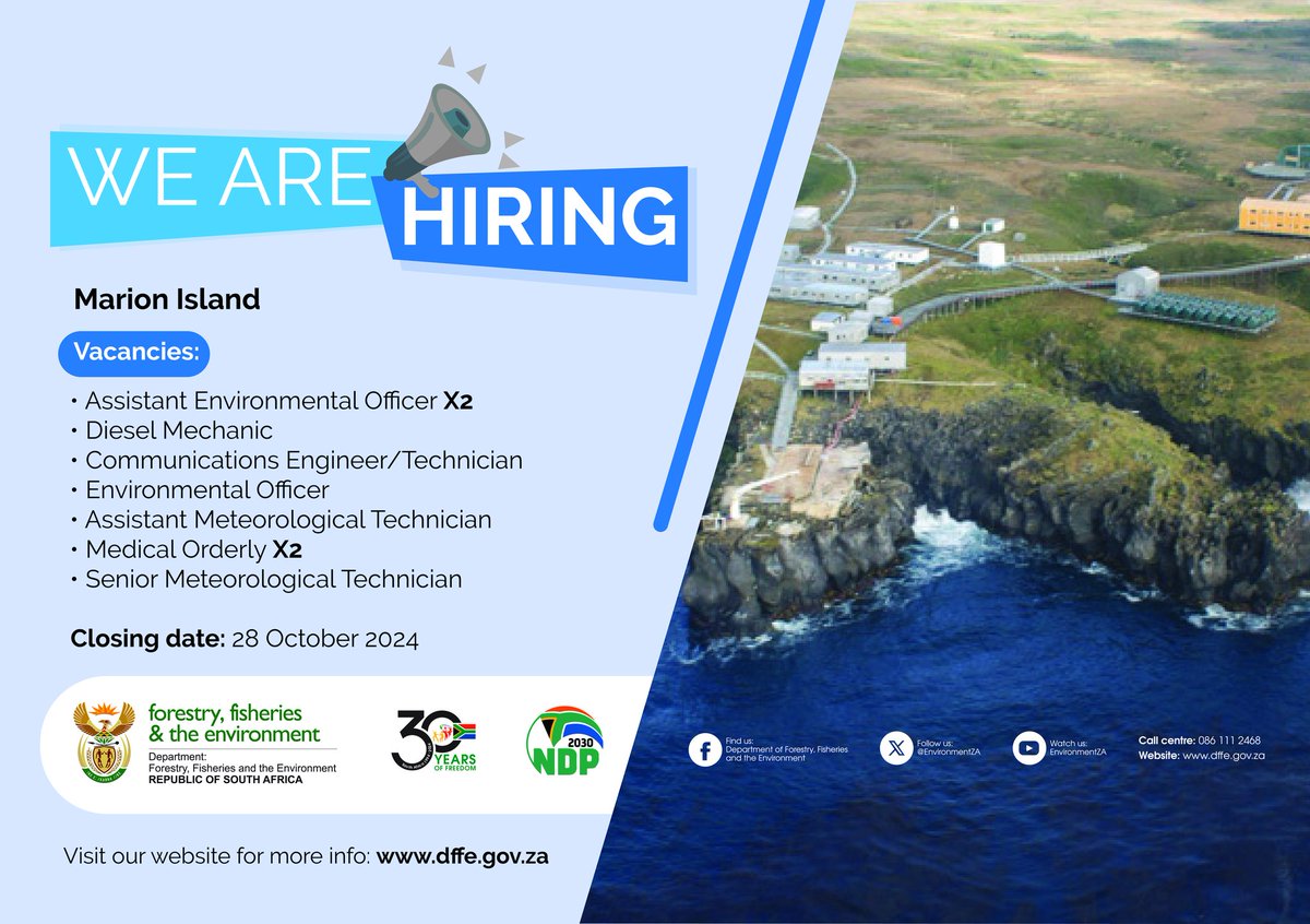 𝗪𝗘 𝗔𝗥𝗘 𝗛𝗜𝗥𝗜𝗡𝗚!!!

The department has vacancies available!

For more information ➡️ dffe.gov.za/vacancies

#JobSeekersSA #HiringAlert #VacancyAlert