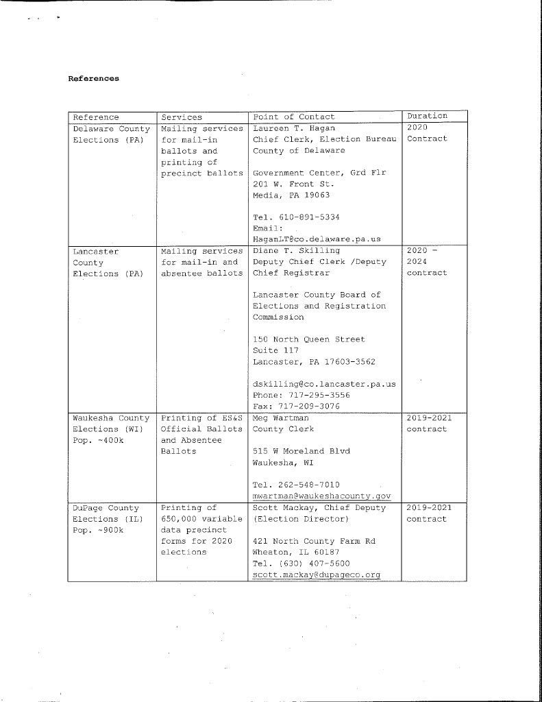 PeterBernegger's tweet photo. Explosive election fraud information from Patrick Byrne. Most shocking video I have seen about election fraud in the last four years.

Waukesha County WI using corrupt ballot printer to have ballots printed. As is Delaware and Lancaster counties PA, DuPage county IL   

Michigan Election Resources (MER) in Kalamazoo, MI had/has ballot printing contracts for several counties across the USA. What they have been doing is overage printing, i.e. a county orders 300,000 ballots yet MER would then print 325,000. Selling the extra 25,000 to the bad guys.

Michigan Election Resources
Printing Services Kalamazoo, MI 100 followers 11-50 employees  (from their LinkedIn page)  

Image attached is from one of their proposals, using the four counties named above as references. MER prints for numerous counties across the nation. 

This is what truck driver Jesse Morgan was hauling: a batch of these illegal ballots. From New York down to Lancaster, PA. But he was the wrong driver/truck and the paperwork was messed up, he could not unload. That is when he opened up the back of the truck and discovered the filled out ballots.

Kicker: he was in Lancaster PA to drop the load of fraudulent ballots to the Postal Service. That is how they were getting the phony ballots back into the system.  The election clerks would see the US Postal Stamp on mail coming into them and have no clue the ballots were in fact fraudulent.

Unions filling out ballots!   in video  @SEIU 

US Postal Service deleted volumes of evidence - in video. @USPS 

BlackRock behind it!  in video @BlackRock

How many counties did MER print extra ballots for??

25min video link, must watch big part of how the 2020 election was stolen:
https://t.co/rmXB7W1YaU

Source of information is discovery in a federal lawsuit still ongoing in Washington DC, link to case: 
https://t.co/DJLHrIvDIx   @PatrickByrne @EmeraldRobinson @BehizyTweets @nataliegwinters @AsheinAmerica