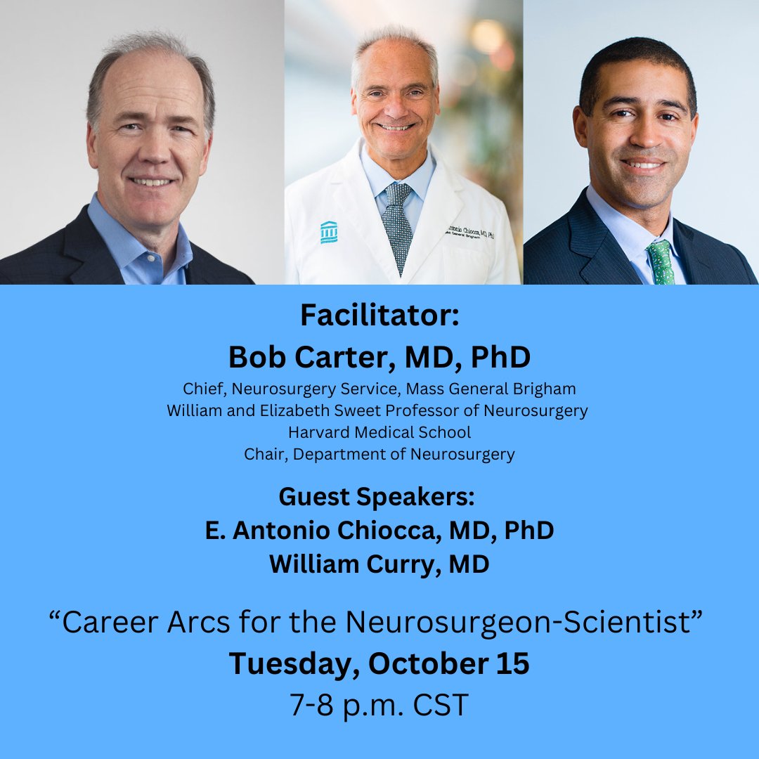 NRCDP_K12 (@nrcdp_k12) on Twitter photo 🚨Webinar update🚨 Bob Carter, MD, PhD (<a href="/BobCarterMD/">Bob Carter MD PhD</a>) will be joined by E. Antonio Chiocca, MD, PhD (<a href="/EAChiocca/">E. Antonio Chiocca, MD, PhD, FAANS</a>) and William Curry, MD (<a href="/WTCNeuroscience/">William Curry</a>). There's still time to RSVP.:bit.ly/489Gmbk <a href="/MGBneurosurgery/">MGB Neurosurgery</a> <a href="/BWHNeurosurgery/">Brigham and Women's Neurosurgery</a> 🚨Webinar update🚨 Bob Carter, MD, PhD (<a href="/BobCarterMD/">Bob Carter MD PhD</a>) will be joined by E. Antonio Chiocca, MD, PhD (<a href="/EAChiocca/">E. Antonio Chiocca, MD, PhD, FAANS</a>) and William Curry, MD (<a href="/WTCNeuroscience/">William Curry</a>). There's still time to RSVP.:bit.ly/489Gmbk <a href="/MGBneurosurgery/">MGB Neurosurgery</a> <a href="/BWHNeurosurgery/">Brigham and Women's Neurosurgery</a>