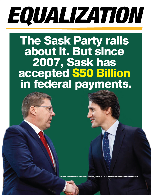 The Sask Party constantly rails against equalization. Since 2007 they’ve taken over $50B (~$3B a year) in fed transfers - health, crop insurance, social funding, housing, ag income stabilizer, COVID support, and childcare.

They complain, but keep cashing Ottawa's checks. #skpoli