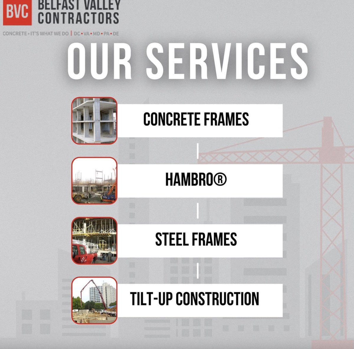 BelfastValley's tweet photo. BVC is a family-owned concrete construction company serving the commercial and industrial markets. We offer concrete frames, Hambro®, steel frames, and tilt-up construction, always prioritizing quality and safety. Learn more at 🔗 https://t.co/OEq4eseD5r. #construction https://t.co/QEj3RgUTx2