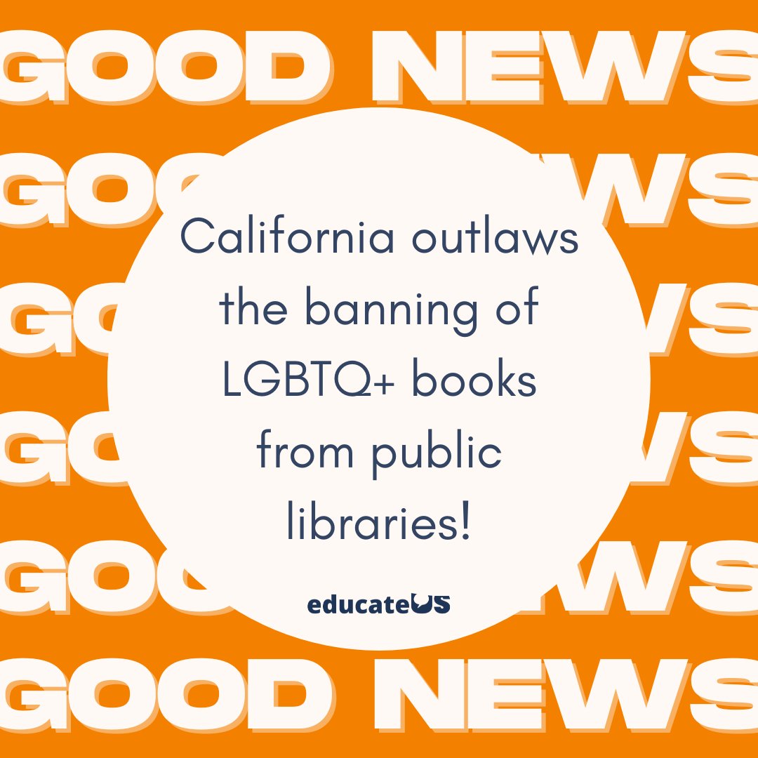 #GoodNewsOfTheWeek 🥳 California outlaws the banning of LGBTQ+ books from public libraries! The Freedom to Read Act prevents bans based on LGBTQ or race content. Kudos to advocates and community members who keep combating book bans in the U.S

#sexed #bookbans