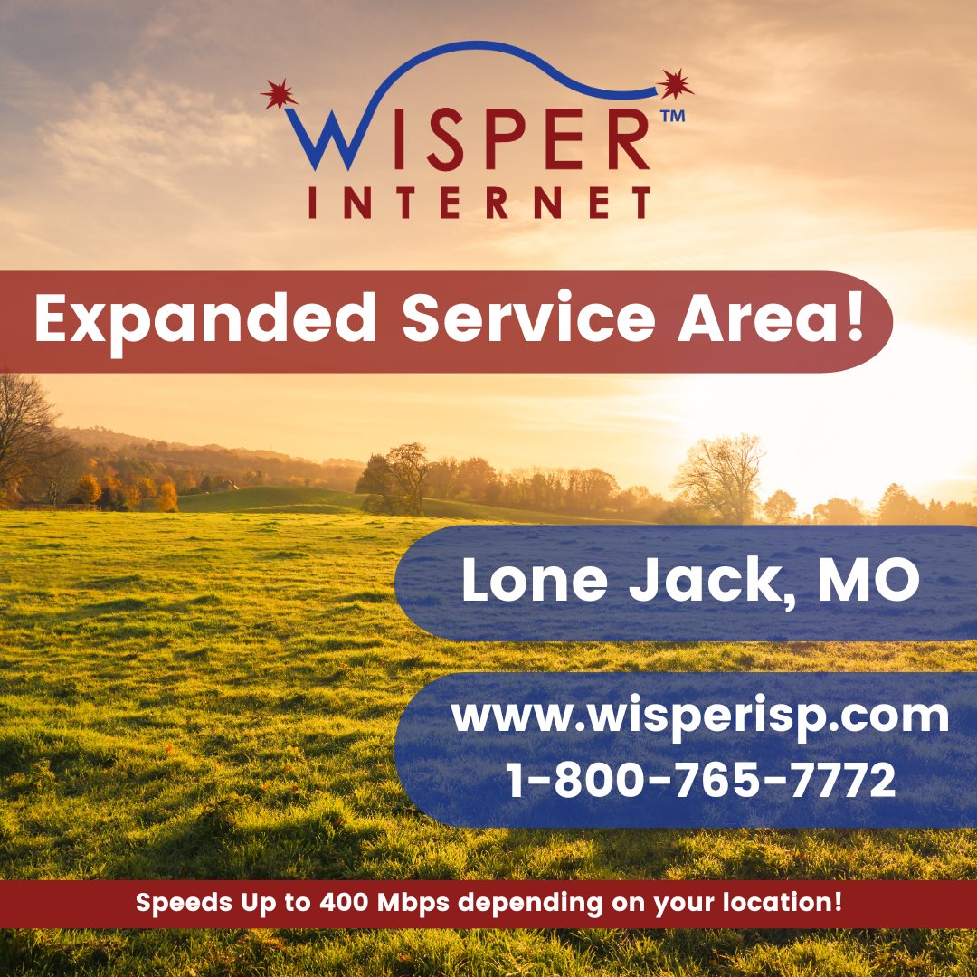 📣 Expanded Service Area! Wisper is excited to be able to expand our service in the Lone Jack, Missouri area!

🌐 Visit our website at wisperisp.com
📞 Call our Sales Team at 1-800-765-7772
#WisperInternet #Missouri