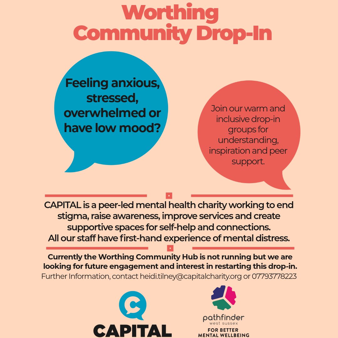 CAPITAL_Charity's tweet photo. Currently our #CommunityDropIn sessions in #Worthing are suspended due to low turnout and interest. We are looking to restart this community drop-in session.

Contact heidi.tilney@capitalcharity.org for further information. https://t.co/aPZ2FjT9e8
