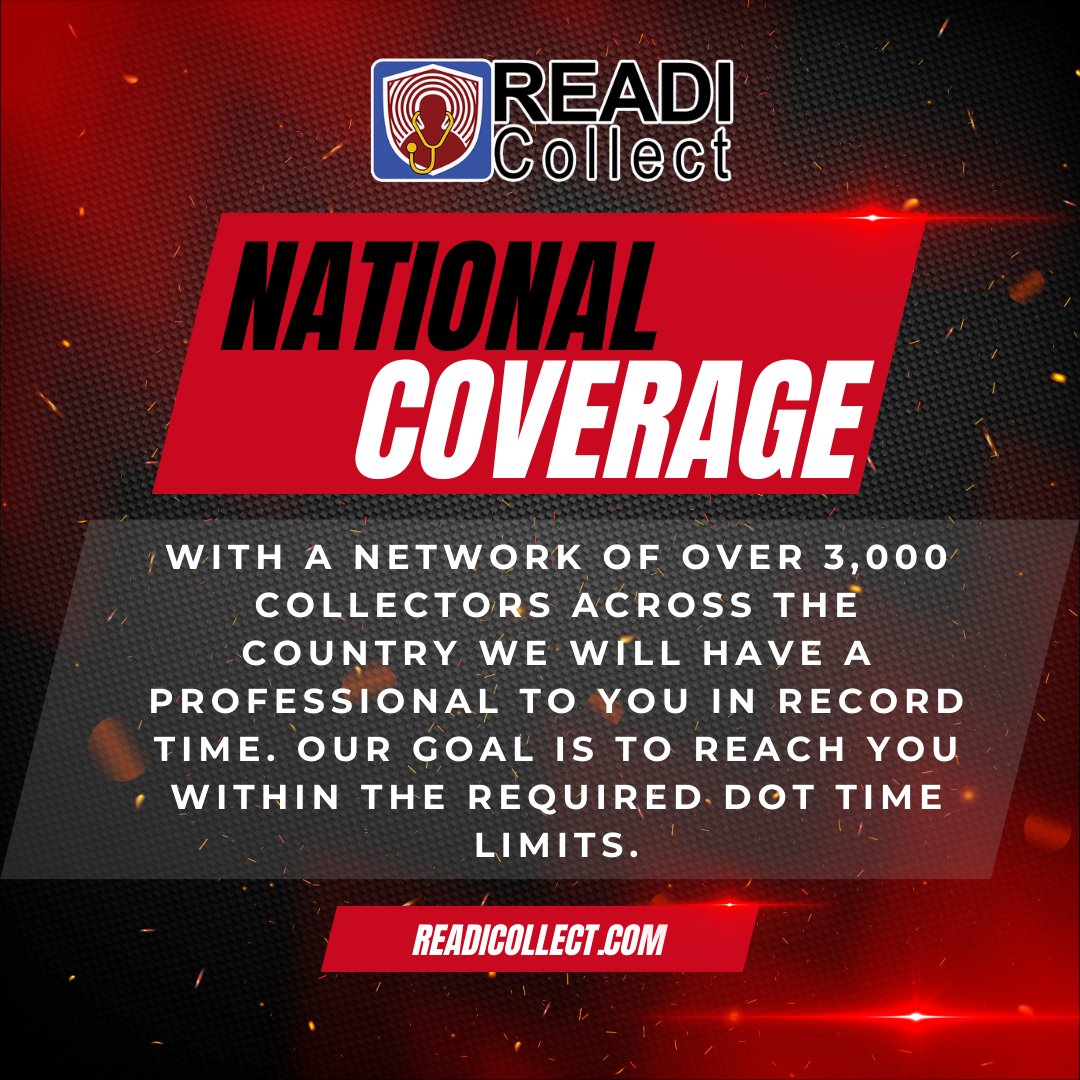 readicollect's tweet image. With a network of over 3,000 collectors across the country we will have a professional to you in record time. Our goal is to reach you within the required DOT time limits.

 Learn more about ReadiCollect here:
👉 readicollect.com

#ReadiCollect #NationalCoverage  #DrugTest