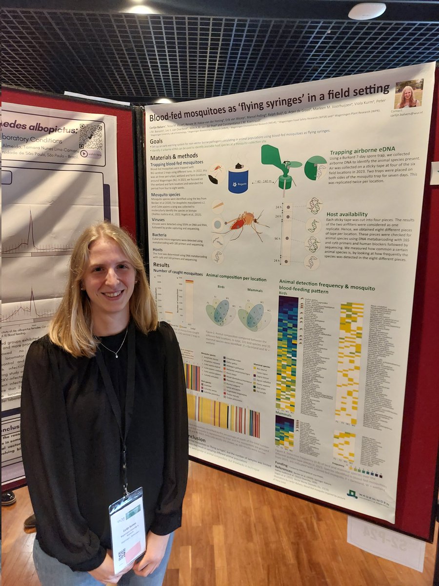 OneHealthEnto's tweet image. Have a look at our posters at #esove! Carlijn Balvers shares work on capturing blood-fed mosquitoes from the field for xenosurveillance purposes and assessing host availability using eDNA from air-samplers (S02-P03). #errazeproject #wur