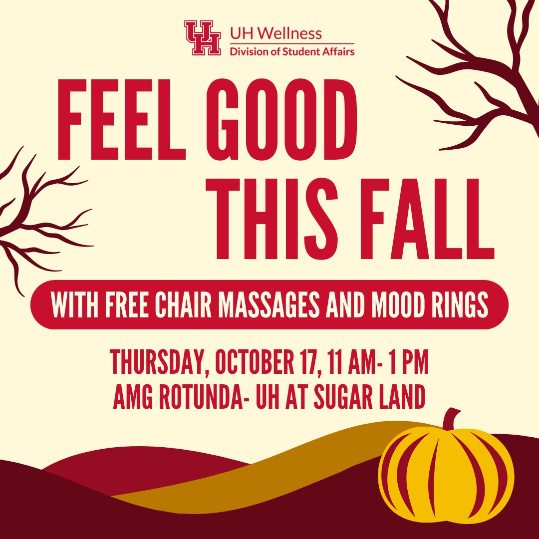 Attention @UHatSugarLand students📢 Feel good this October with free chair massages and mood rings! Join UH Wellness in the AMG Rotunda to lift your mood as the leaves fall🍁🍂