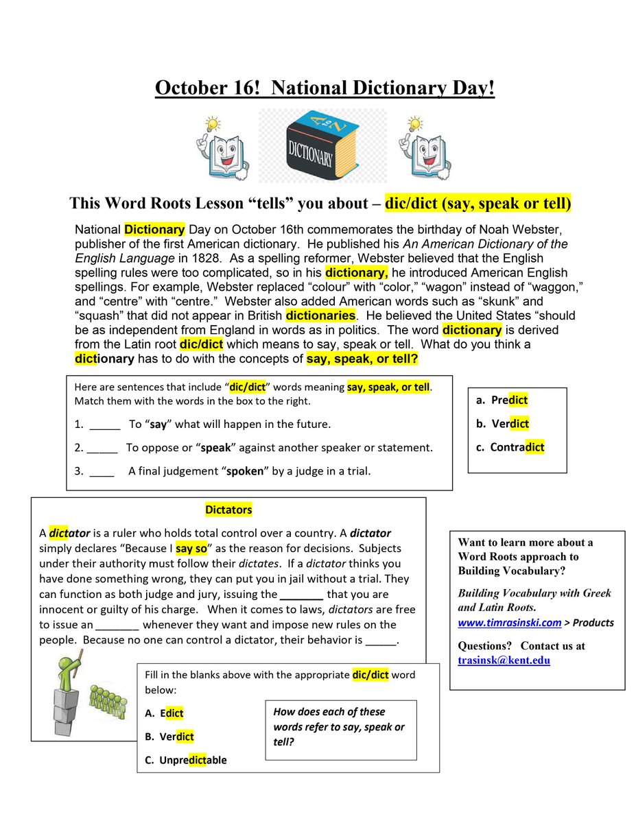 TimRasinski1's tweet image. Morphology Monday!
October 16 is National DICTionary Day!   Thus, this week’s Morphology/Word Root Resource focuses on the word roots   DIC/DICT = SAY/SPEAK/TELL.   Morphology/Word Root instruction is an effective way to build vocabulary and improve comprehension.
@ILAToday