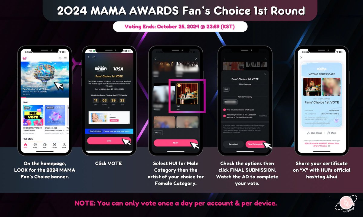 pentagon_voting's tweet photo. [🏆] 2024 MAMA AWARDS

#HUI has been nominated for the FANS’ CHOICE Male Category - 1st Round

🎟️ Mnet Plus App (90%): ONCE A DAY / ACCOUNT / DEVICE
🎟️ X / Twitter (10%): Share your voting certificate, create a post or comment with “Hui’s” official hashtag #hui or #HUI together with hashtag #2024MAMAVOTE

🗳️1st Round: Top 20 artists from each category will advance to the second round.
⏳October 25, 2024 @ 11:59pm (KST)

#후이 #펜타곤 #PENTAGON @CUBE_PTG