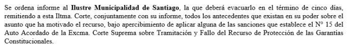 El 29/julio un grupo de vecinos presentamos un recurso de protección contra <a href="/Muni_Stgo/">Santiago</a> por su inacción frente a personas en situación de calle que viven en el entorno del Río Mapocho. El 1/agosto la corte ordenó un informe a Santiago con 5 días de plazo, pero aún no hay avances.