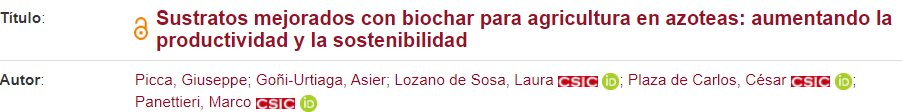 Comunicación oral Congreso <a href="/IRNAS_CSIC/">IRNAS Sevilla</a> <a href="/ICA_CSIC/">ICA_CSIC</a> 
Título:  Sustratos mejorados con biochar para agricultura en azoteas: aumentando la productividad y la sostenibilidad
Autor:  Picca, Giuseppe et al...
hdl.handle.net/10261/369422
