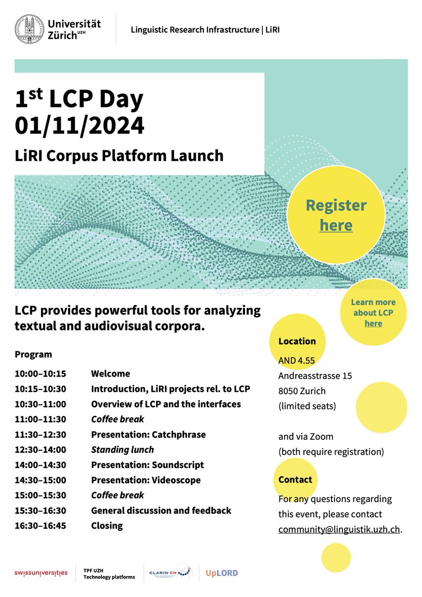 🚀 Join us for the official launch of the LiRI Corpus Platform (LCP) on November 1! 🌐✨ Whether in-person in Zurich or online via Zoom, don’t miss presentations and live demos showcasing this powerful tool for linguistic research.#LCPDay 
Register now: tinyurl.com/476ra53f