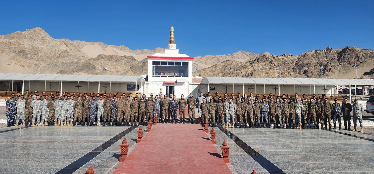 HQ_IDS_India's tweet photo. #TriServices Officers undergoing #DSTSC_07 at #MILIT, along with the International Student Officers embarked on Forward Area Tour #FAT. 
Exposure gained on key military installations of #NorthernBorders and #IOR with first-hand  understanding of #operational imperatives, logistics complexities & contemporary technology challenges. 
#FutureLeaders engaged with frontline troops, gaining insights into security paradigms & tactical nuances, fostering a deeper comprehension of the operational intricacies as well as challenging conditions in these remote mountainous and offshore island locations.

#JointnessAndIntegration 

@DefenceMinIndia 
@SethSanjayMP 
@giridhararamane