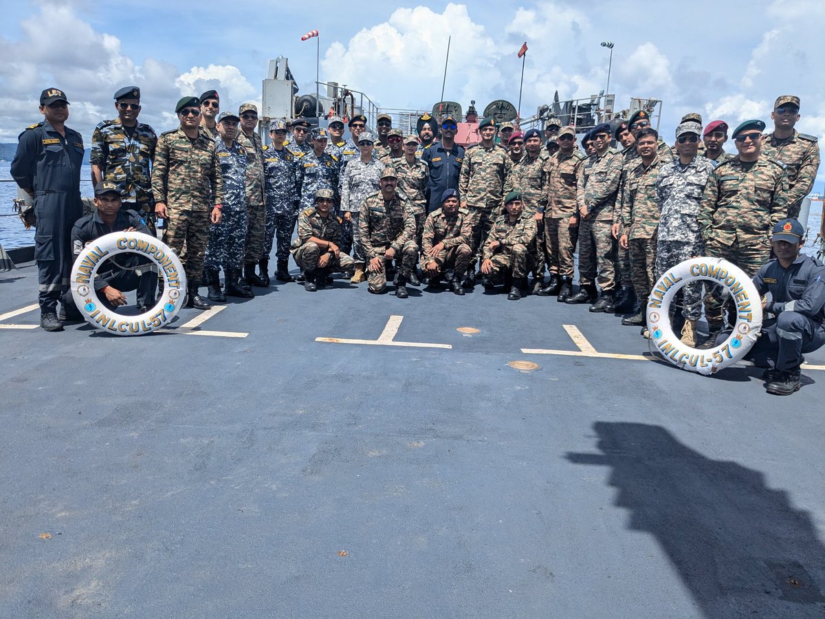 HQ_IDS_India's tweet photo. #TriServices Officers undergoing #DSTSC_07 at #MILIT, along with the International Student Officers embarked on Forward Area Tour #FAT. 
Exposure gained on key military installations of #NorthernBorders and #IOR with first-hand  understanding of #operational imperatives, logistics complexities & contemporary technology challenges. 
#FutureLeaders engaged with frontline troops, gaining insights into security paradigms & tactical nuances, fostering a deeper comprehension of the operational intricacies as well as challenging conditions in these remote mountainous and offshore island locations.

#JointnessAndIntegration 

@DefenceMinIndia 
@SethSanjayMP 
@giridhararamane