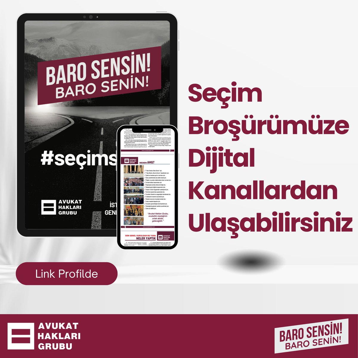 📌 Avukat Hakları Grubu neyi hedefliyor?
📌 2022-2024 yılları arasında neler yaptık?
📌 Göreve gelince ilk 100 günde neler yapacağız?
📌 Hayata geçirmeyi hedeflediğimiz 100 Projemiz ne?
📌 Adaylarımız ve çok daha fazlası.

Seçim broşürümüzü aşağıdaki linke tıklayarak