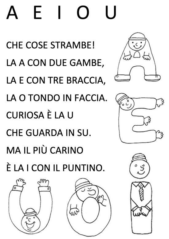 Filastrocca delle vocali A E I O U: scheda stampabile con disegni da colorare - Maestro Alberto buff.ly/4029IYe