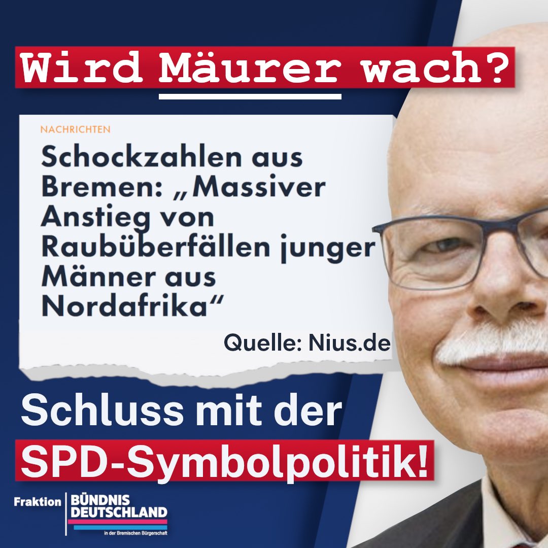 Wird Mäurer endlich wach? 🧐

#Innensenator Mäurer gibt es endlich zu: #Bremen ist überfordert! Die Probleme durch die massive #Zuwanderung der letzten Jahre sind nicht mehr zu übersehen.

Aber reden allein reicht nicht! Wir von der Fraktion BÜNDNIS DEUTSCHLAND fordern seit