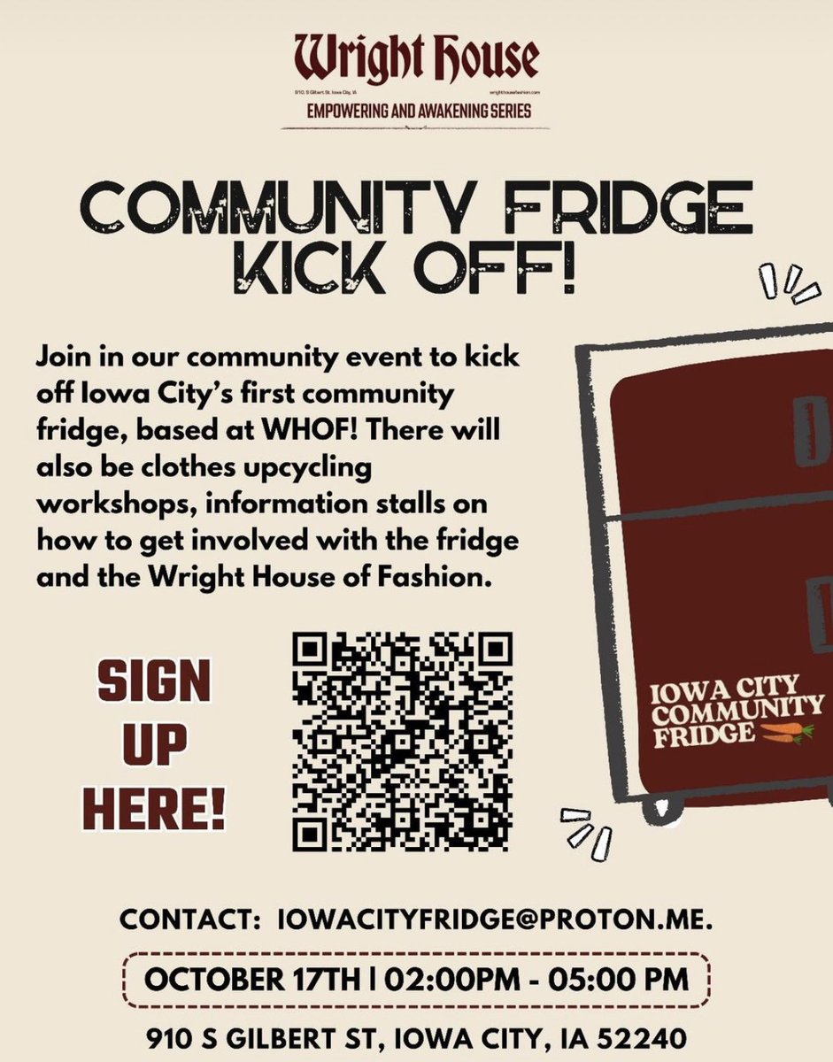 Iowa City’s first community fridge is coming! The fridge will be located at Wright House of Fashion and the kickoff event is this Thursday. Free and all are welcome. Register here: eventbrite.com/e/whof-empower…