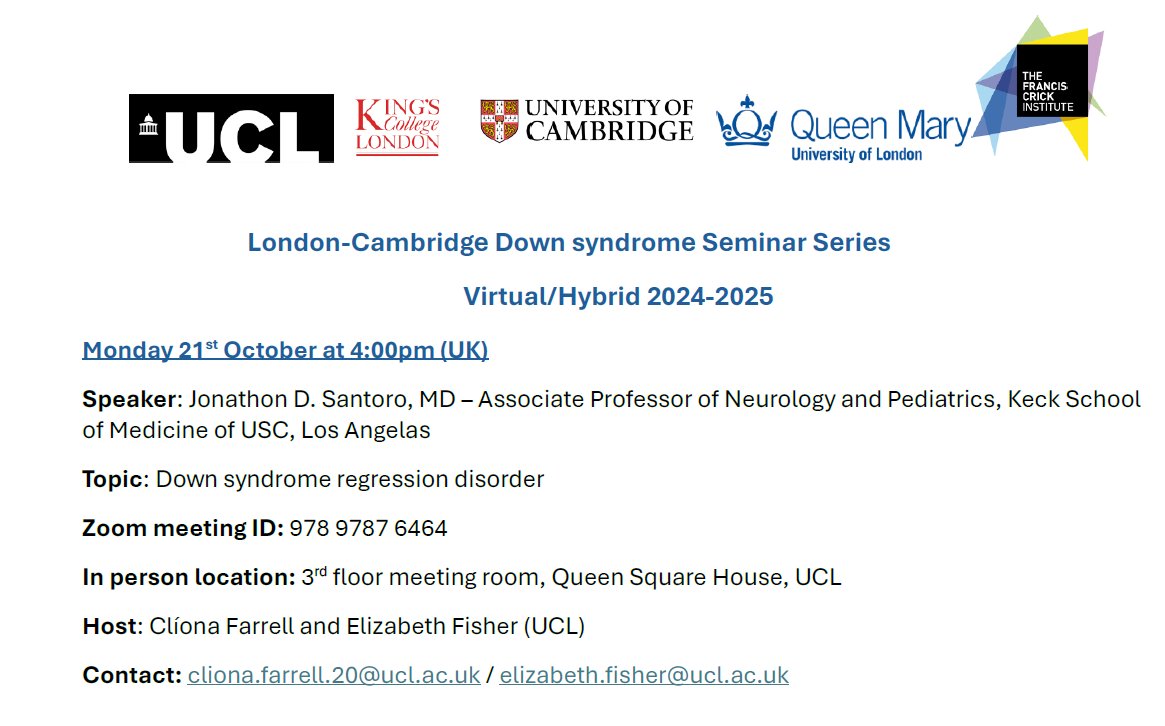 We are delighted that the monthly London-Cambridge Down syndrome seminar series will return on Monday 21st October at 4pm BST with a talk from <a href="/Drjonsantoro/">Jonathan Santoro, MD</a> !

Please share widely and join us. For full zoom details DM or contact over email.

<a href="/t21rs/">Trisomy 21 Research Society</a> <a href="/LonDownS/">LonDownS Consortium</a> <a href="/UCLIoN/">UCL Queen Square Institute of Neurology</a>