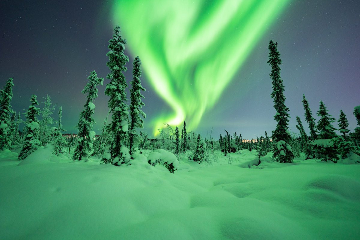 Before vs. during an auroral substorm in Fairbanks, Alaska. 
Look how different the ground looks let alone the sky. Thats how you know it’s bright.