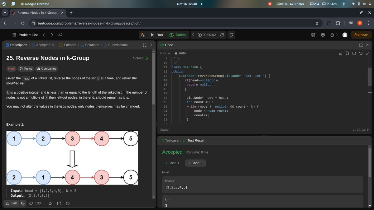 Chaitanya1004's tweet photo. 🔄 Leetcode Challenge: Reverse Nodes in k-Group
Can you flip nodes in groups of k? With a time complexity of O(n), let’s conquer this challenge—I’m feeling energized! ⚡💪
#Leetcode #CodingChallenge #TechPassion
#100DaysOfCode https://t.co/PdDyBSDQdF