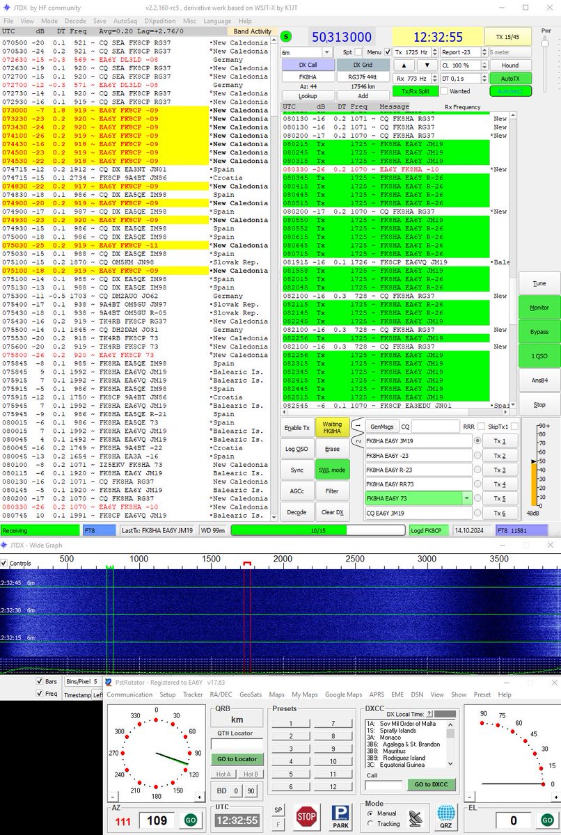 @Fk8CP and @FK8HA  both station from #NewCaledonia arriving to @EA6 on #50Mhz band , QTF 40 degrees ,no signals from Asia , so believe is F2 QSOs not Mulithop 
strong and deep QSB as visible in how hard finish a single QSO  best -9 to -23 , 73 de EA6Y